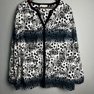 Fred David Woman Abstract Polka Dot Button Down‎ Blouse Black White Animal 1X